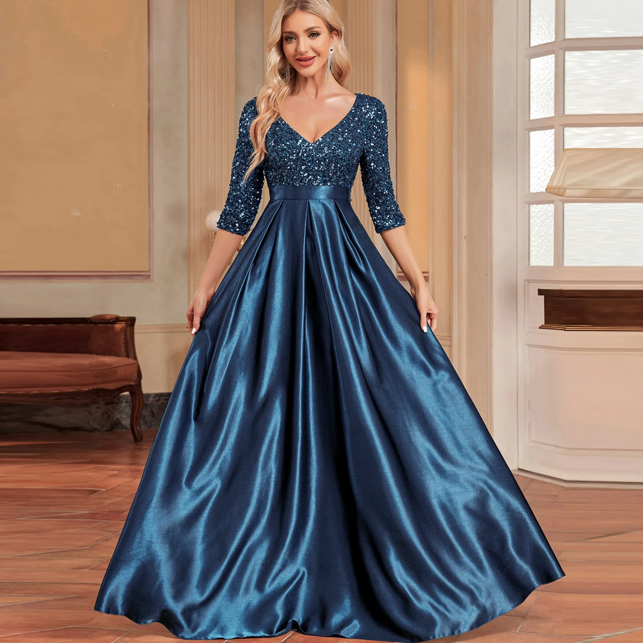 Women's Half Sleeve Sequin Formal Prom Dress Evening Gown with Pocket