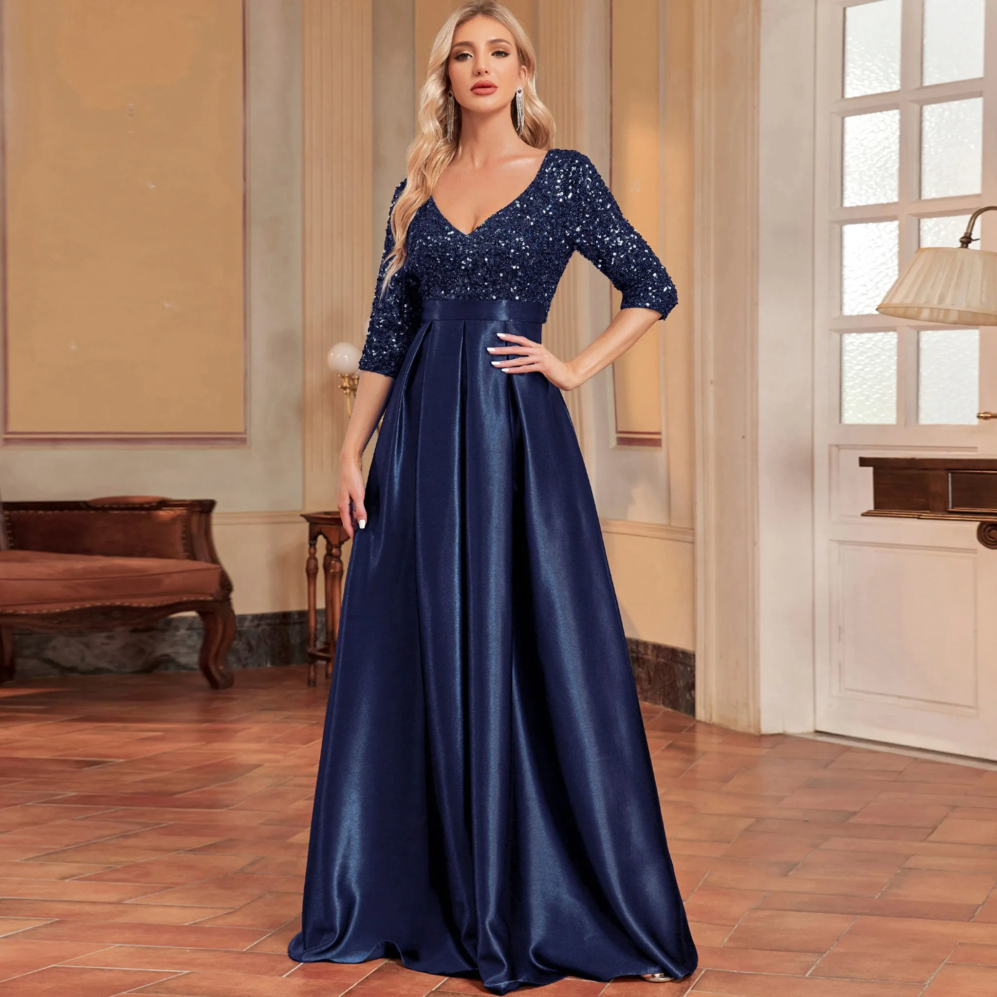 Women's Half Sleeve Sequin Formal Prom Dress Evening Gown with Pocket