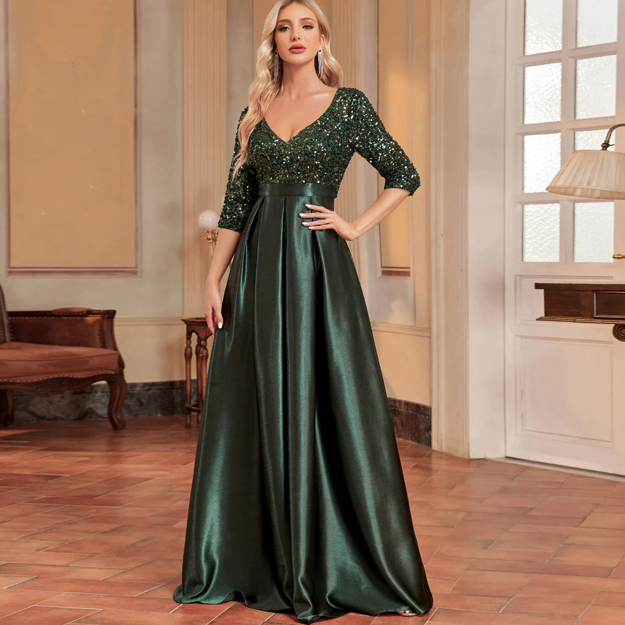 Women's Half Sleeve Sequin Formal Prom Dress Evening Gown with Pocket