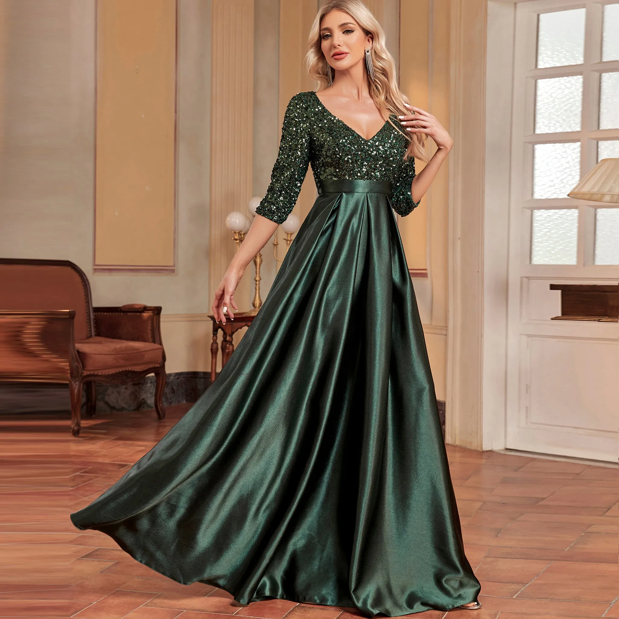Women's Half Sleeve Sequin Formal Prom Dress Evening Gown with Pocket