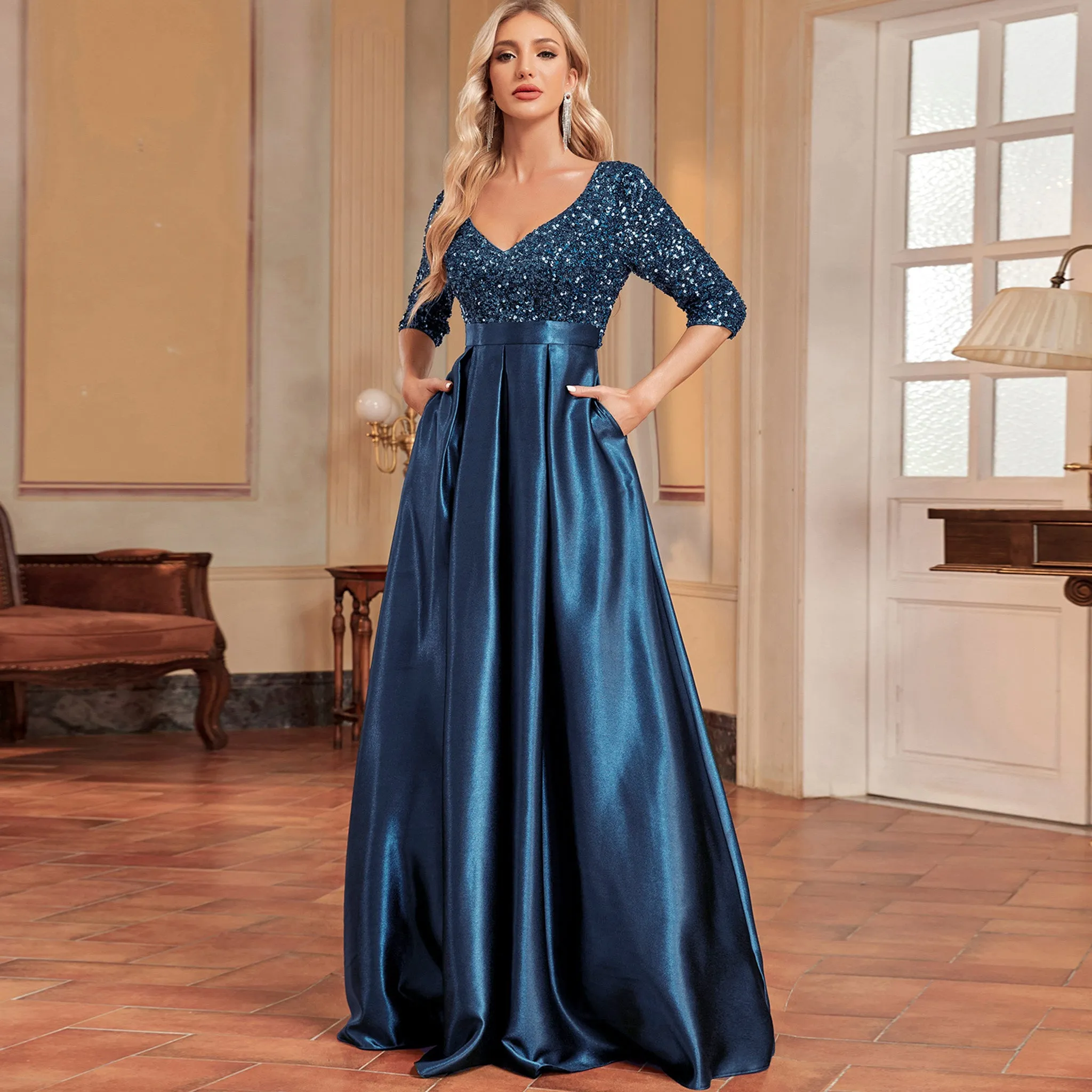 Women's Half Sleeve Sequin Formal Prom Dress Evening Gown with Pocket