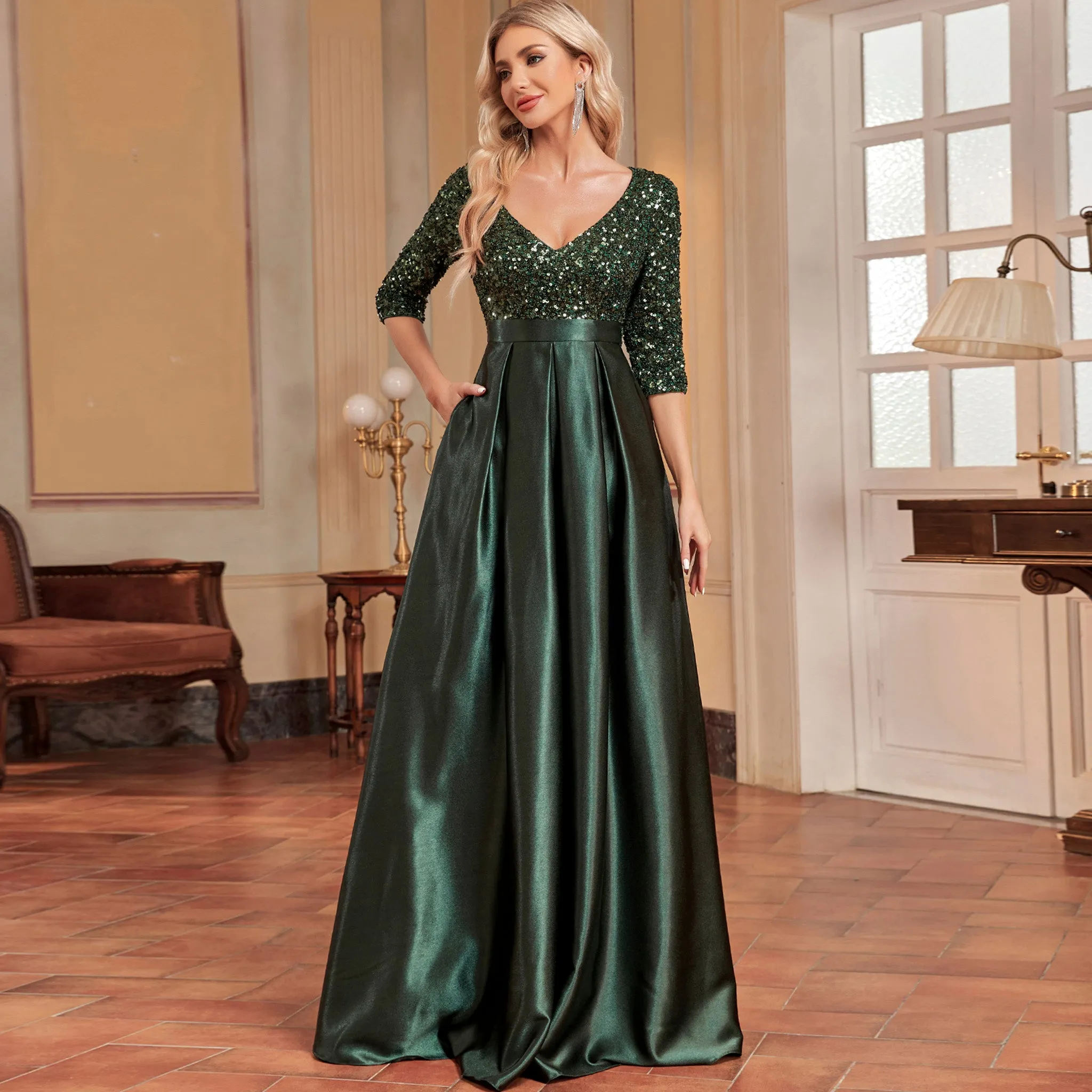 Women's Half Sleeve Sequin Formal Prom Dress Evening Gown with Pocket