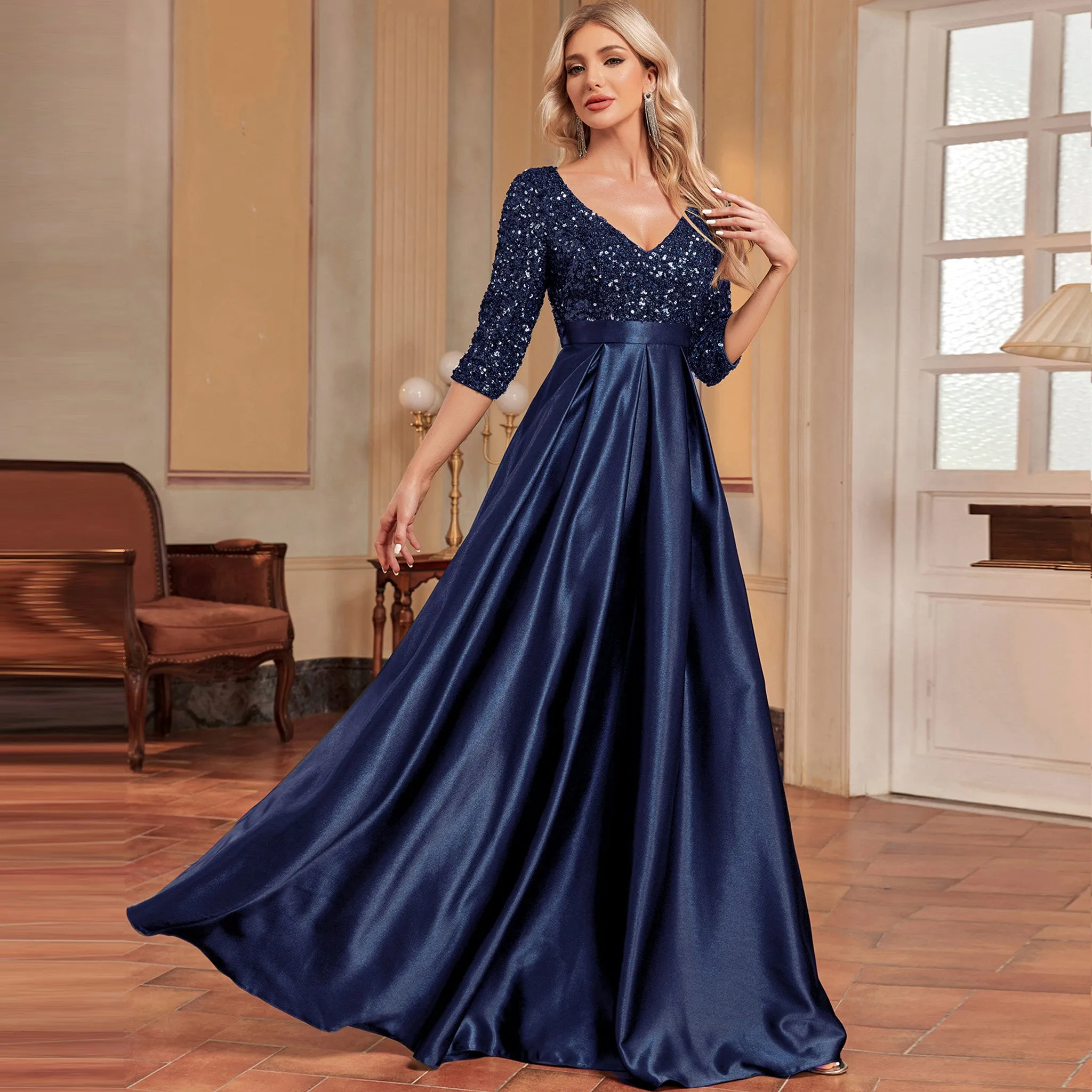 Women's Half Sleeve Sequin Formal Prom Dress Evening Gown with Pocket