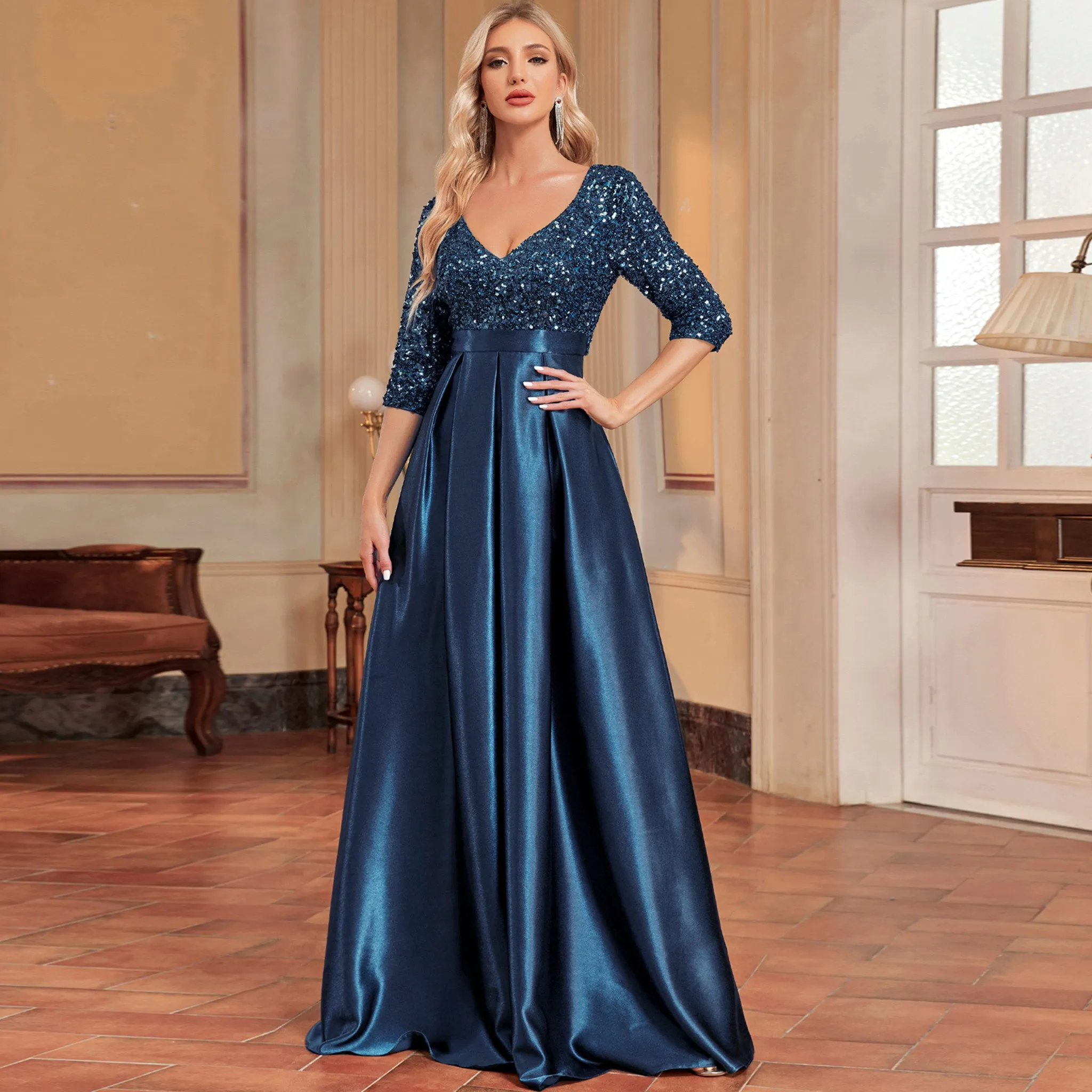 Women's Half Sleeve Sequin Formal Prom Dress Evening Gown with Pocket
