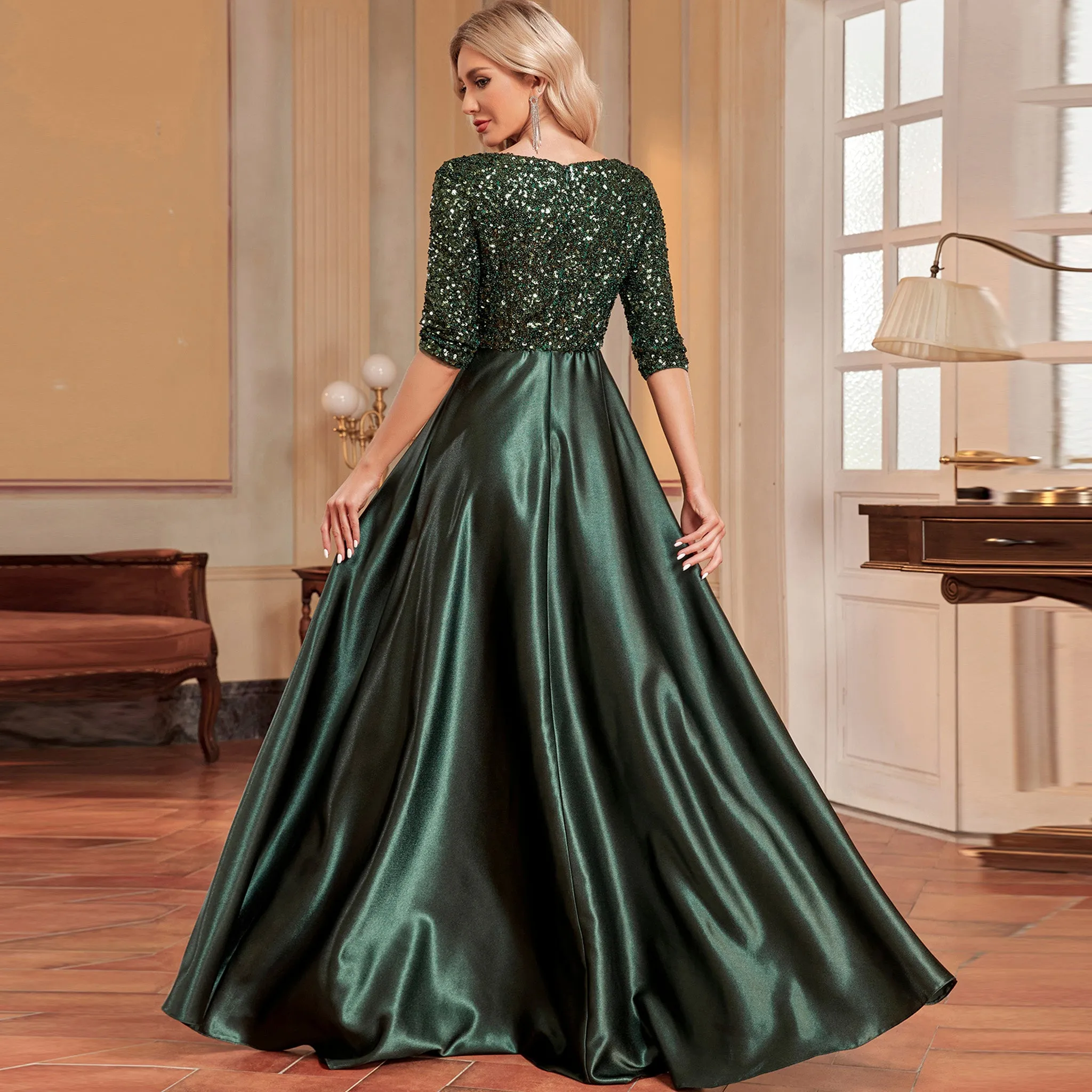 Women's Half Sleeve Sequin Formal Prom Dress Evening Gown with Pocket