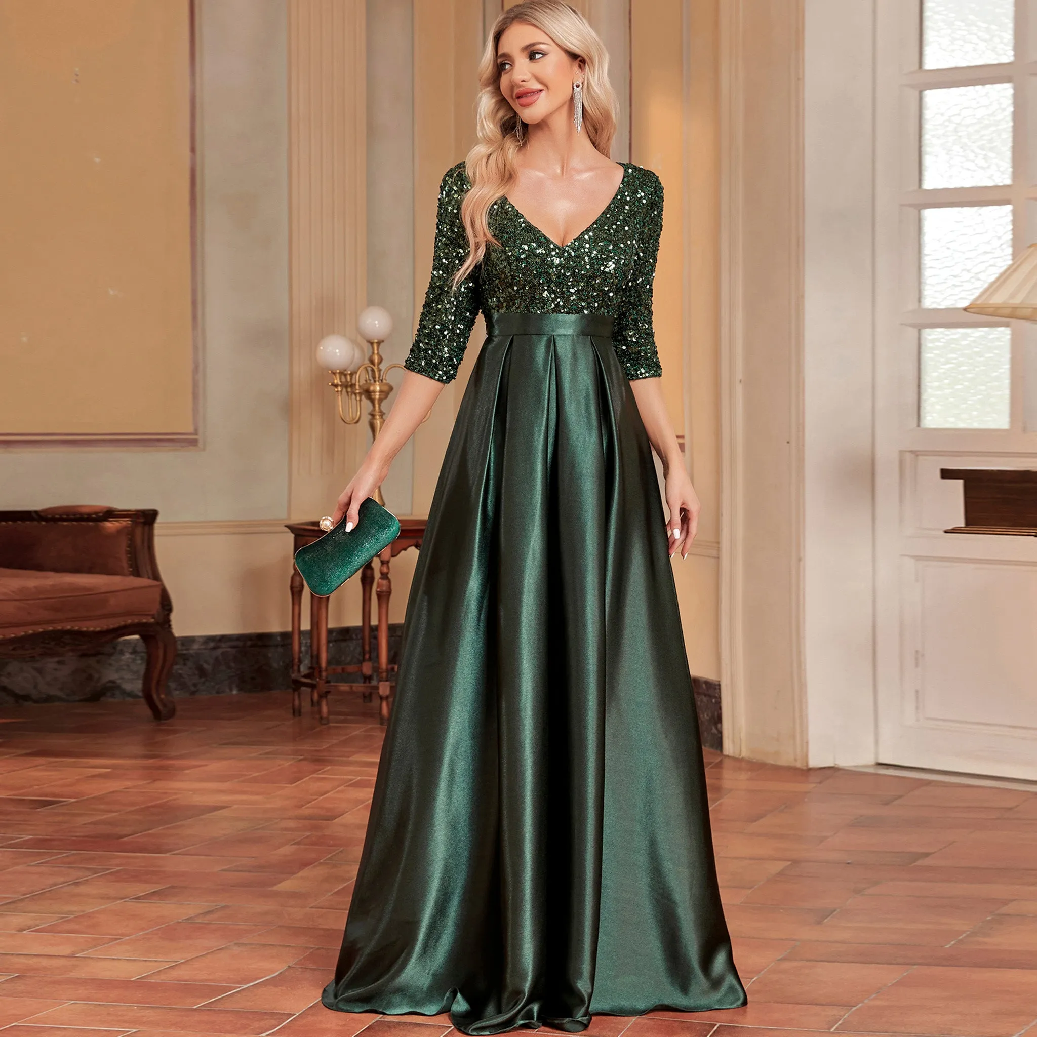 Women's Half Sleeve Sequin Formal Prom Dress Evening Gown with Pocket