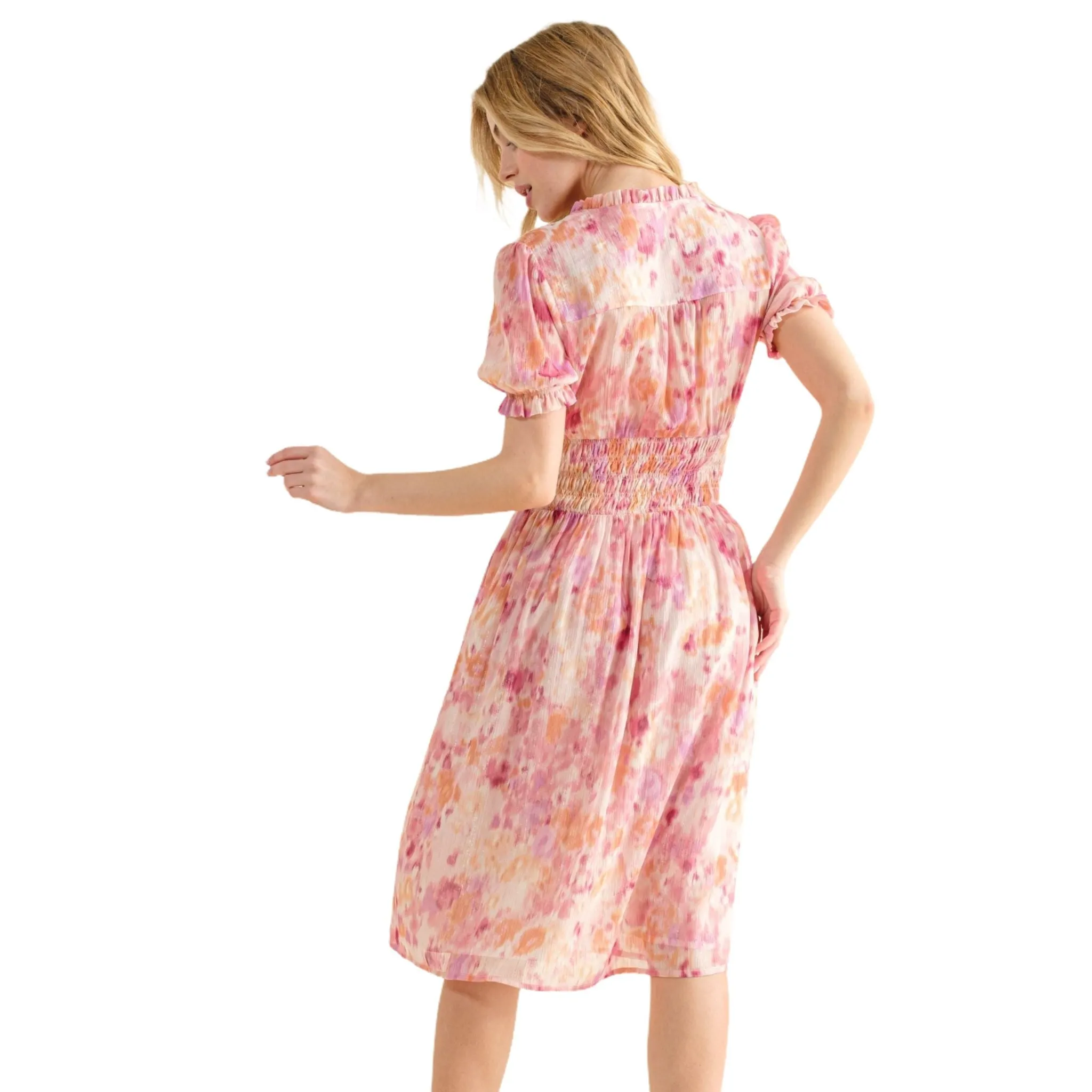 Women's Pastel Floral Midi Dress with Smocked Waist and Puff Sleeves
