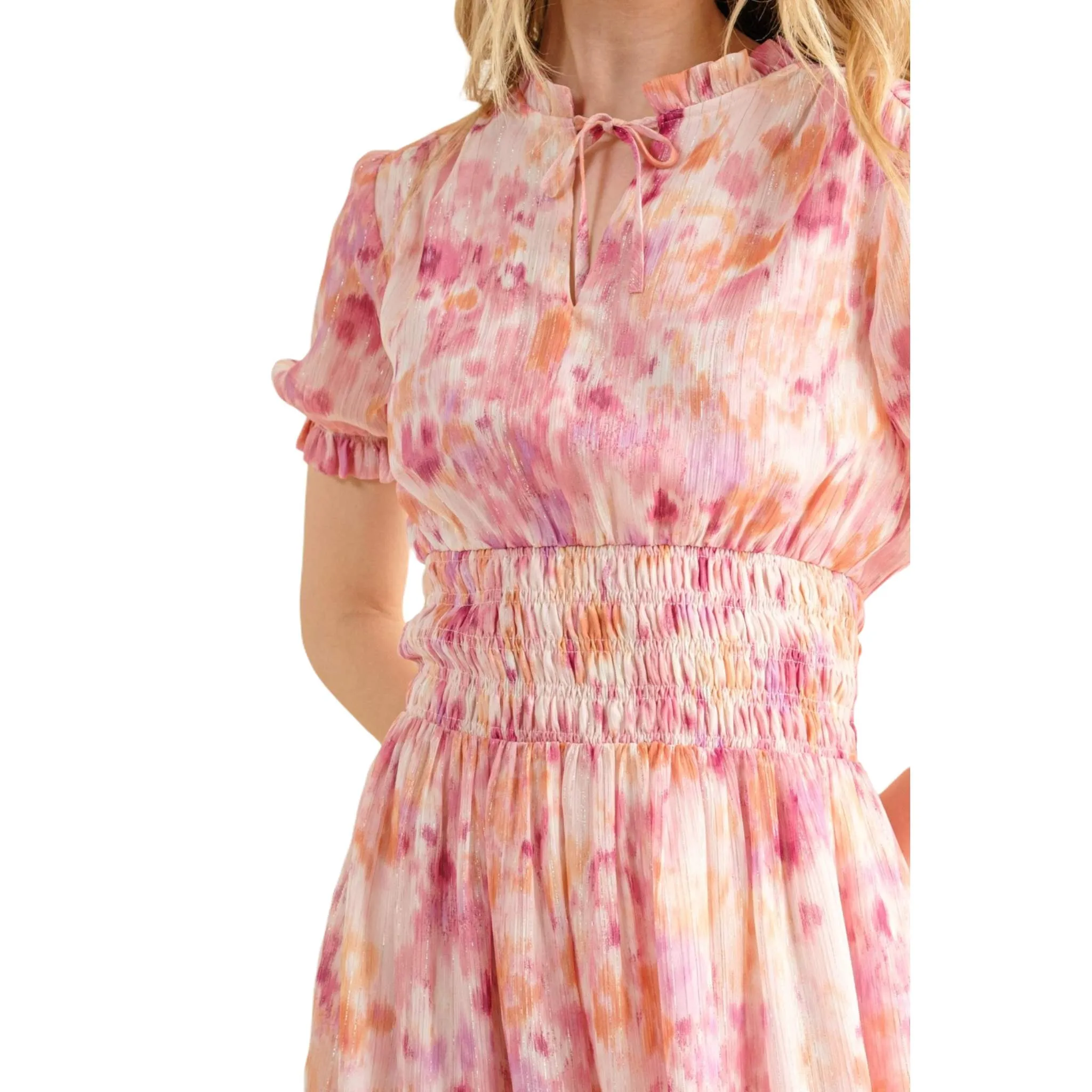Women's Pastel Floral Midi Dress with Smocked Waist and Puff Sleeves