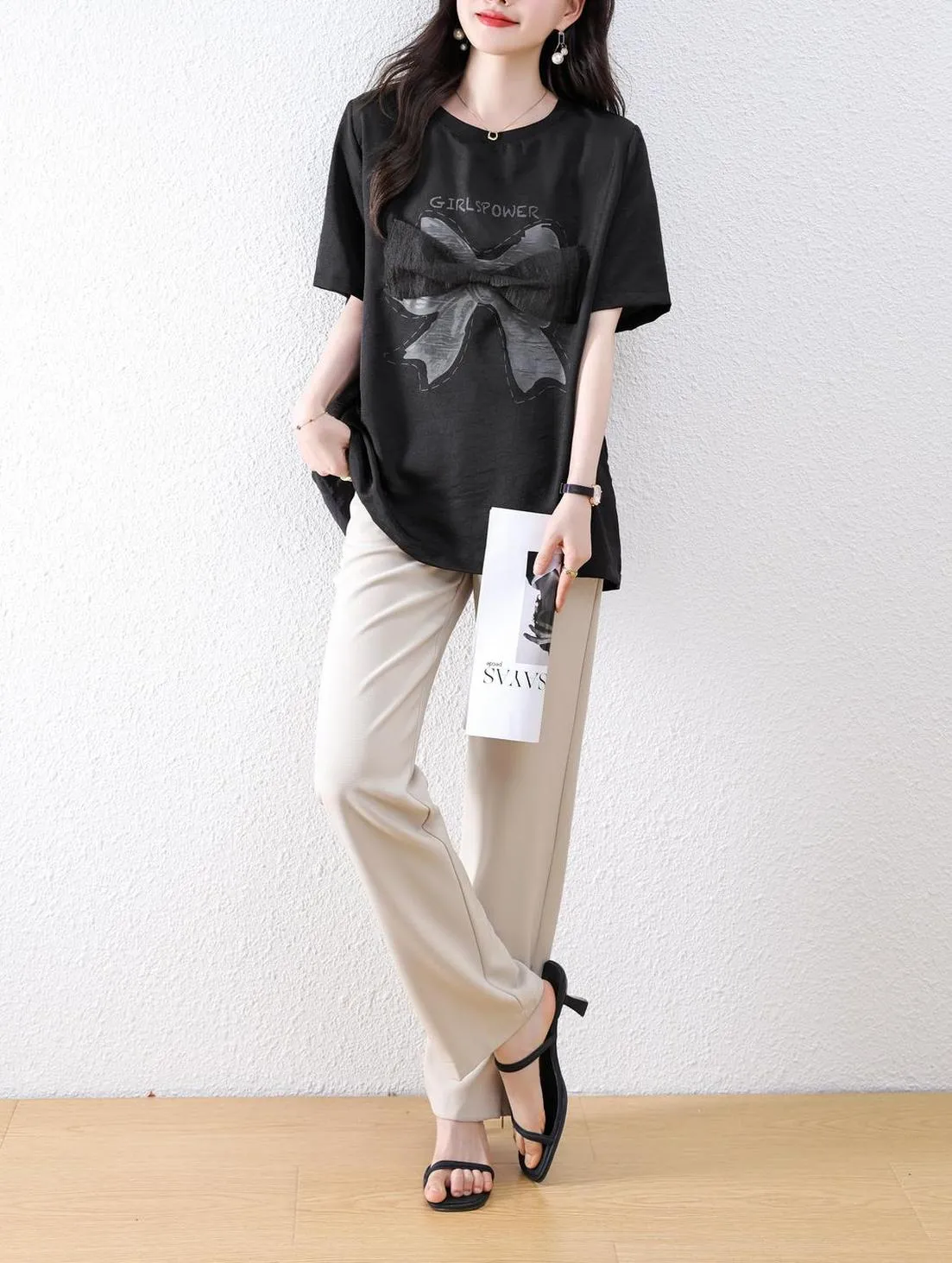 Women's Wrinkle Resistant T-Shirt with Bow Knot Design