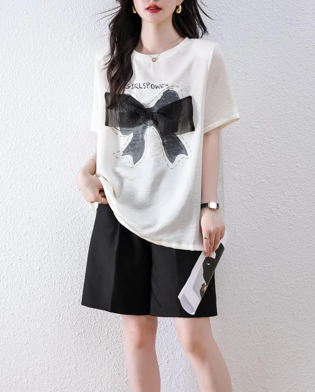 Women's Wrinkle Resistant T-Shirt with Bow Knot Design