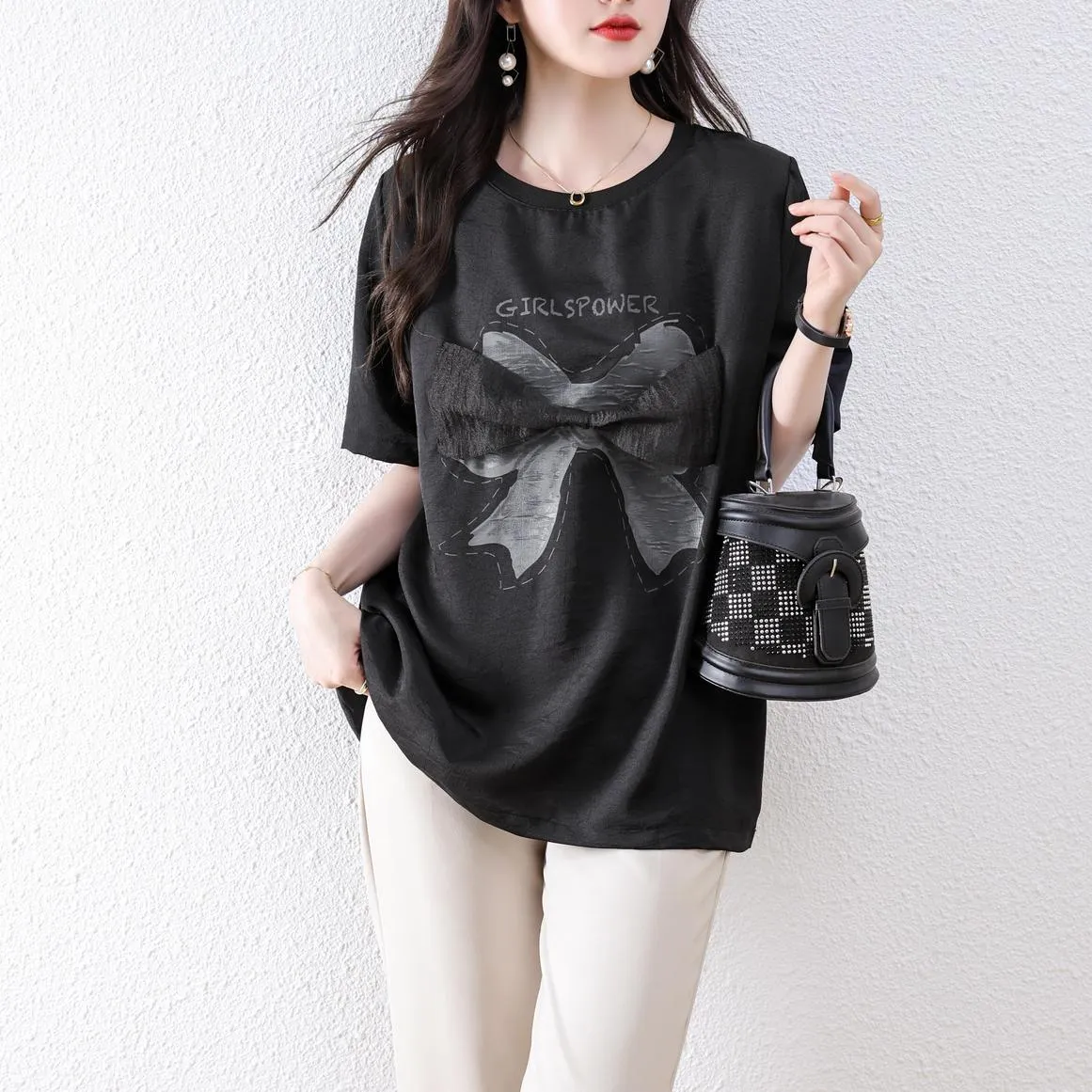 Women's Wrinkle Resistant T-Shirt with Bow Knot Design