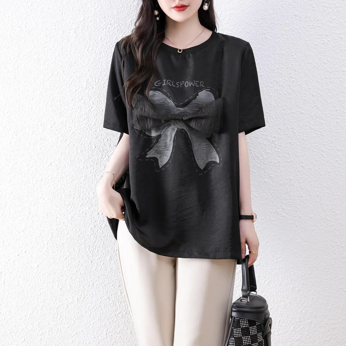 Women's Wrinkle Resistant T-Shirt with Bow Knot Design
