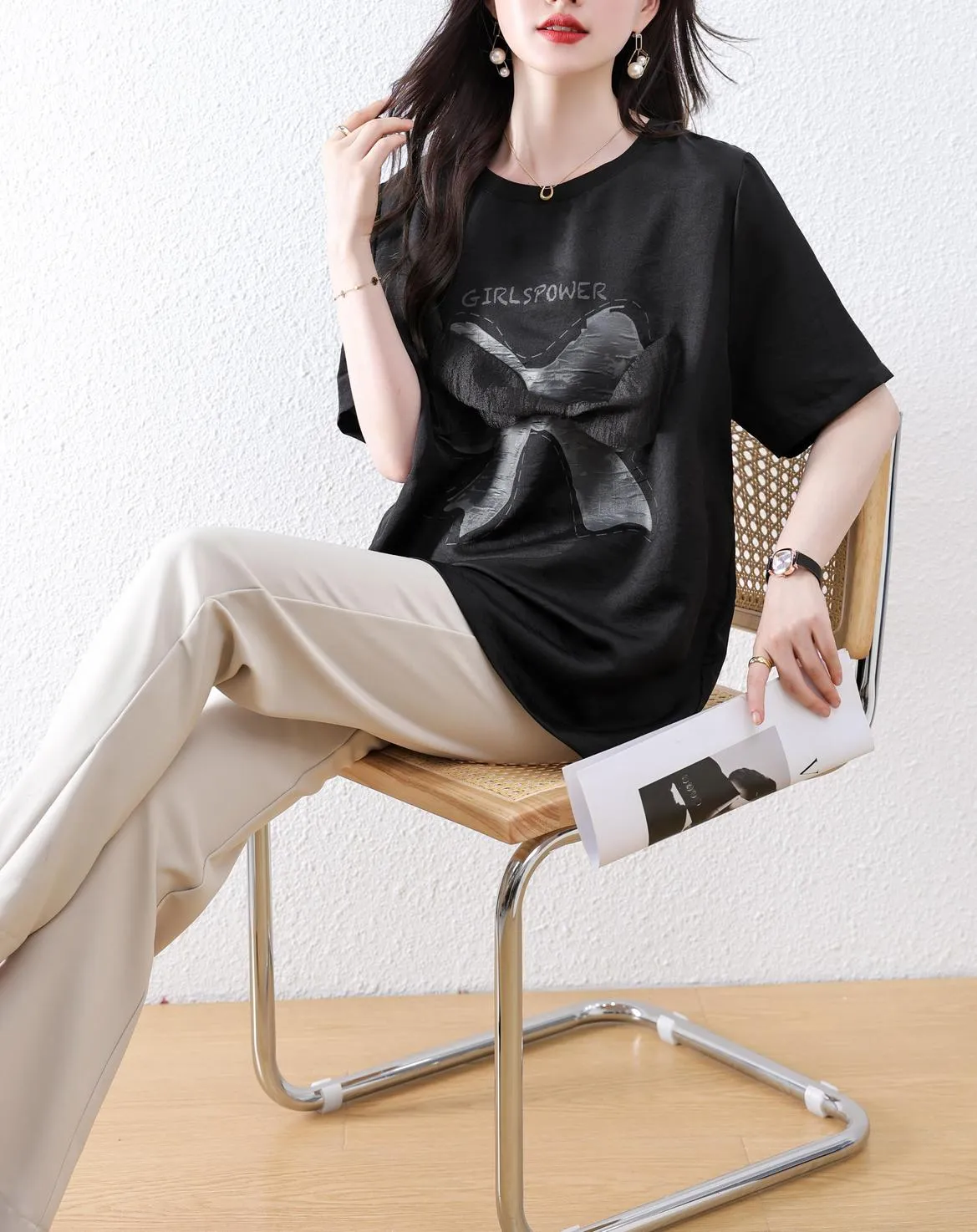 Women's Wrinkle Resistant T-Shirt with Bow Knot Design