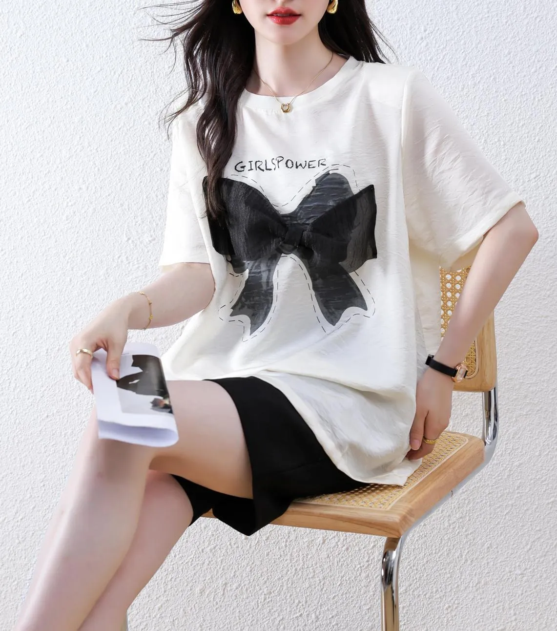 Women's Wrinkle Resistant T-Shirt with Bow Knot Design