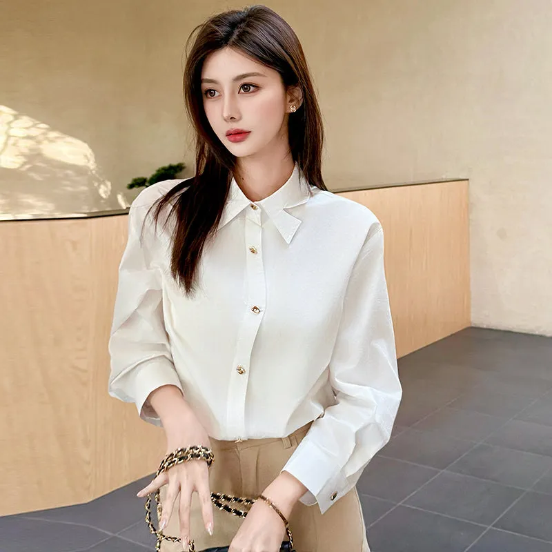 Wrinkle-Resistant and Slimming White Dress Shirt for Women